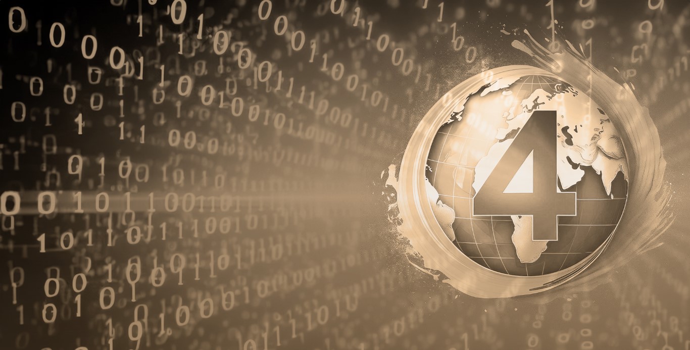 Eine stilisierte Weltkugel mit einer großen Zahl „4“ in der Mitte. Die Kugel ist von einem Pinselstrich umrandet, während im Hintergrund Binärcode aus Einsen und Nullen durch den Raum schwebt. Das Bild hat eine goldbraune Farbgebung und vermittelt ein digitales, technologisches Thema