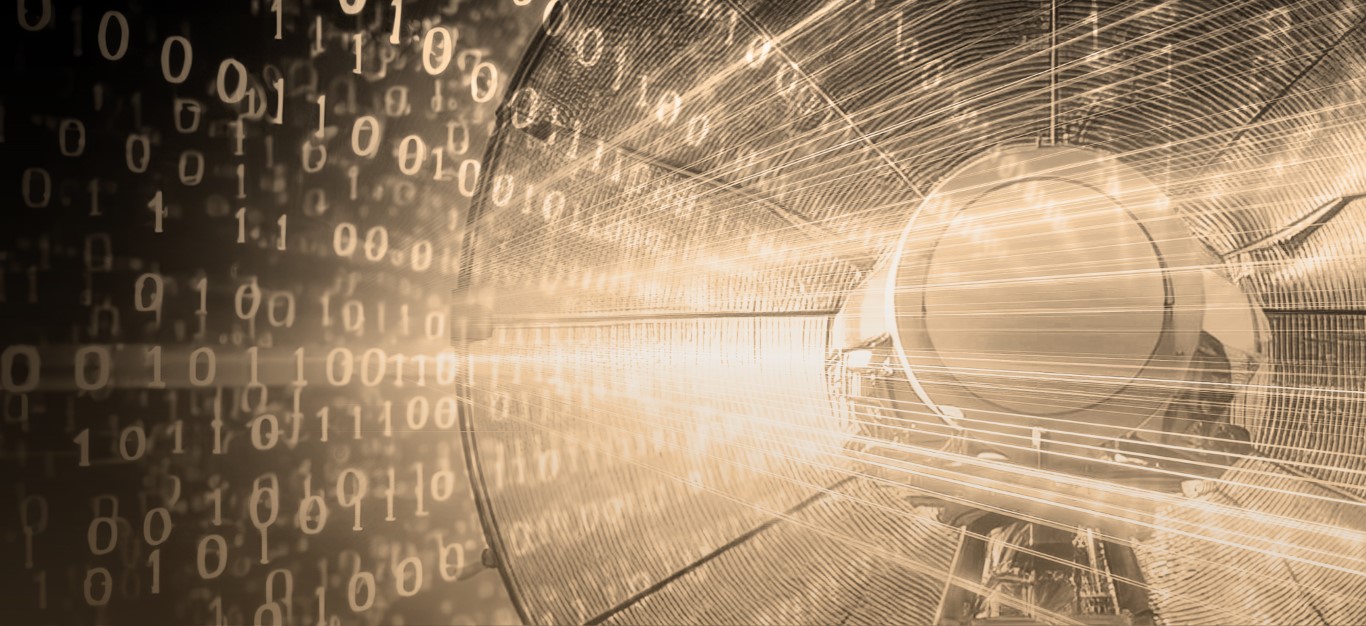 Futuristisches Bild mit einer Tunnelröhre und einem großen runden Objekt in der Mitte. Überlagert mit leuchtenden Datenströmen und binären Zahlen (0 und 1), die eine digitale Vernetzung symbolisieren.