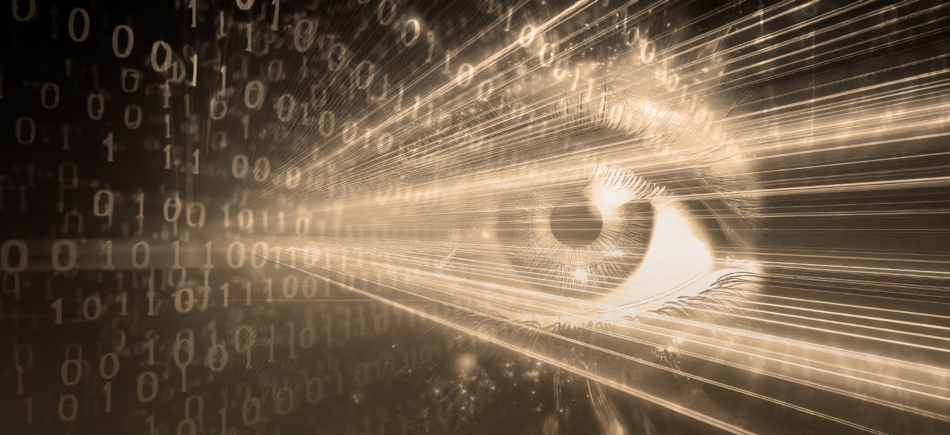 Digital bearbeitetes Bild eines menschlichen Auges, das in einen Lichtstrahl blickt. Überlagert mit binären Zahlen (0 und 1) und leuchtenden Linien, die eine digitale oder futuristische Vision symbolisieren.